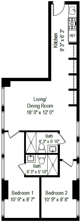 Floor plan for 2 beds, 2 baths, 683 sqft